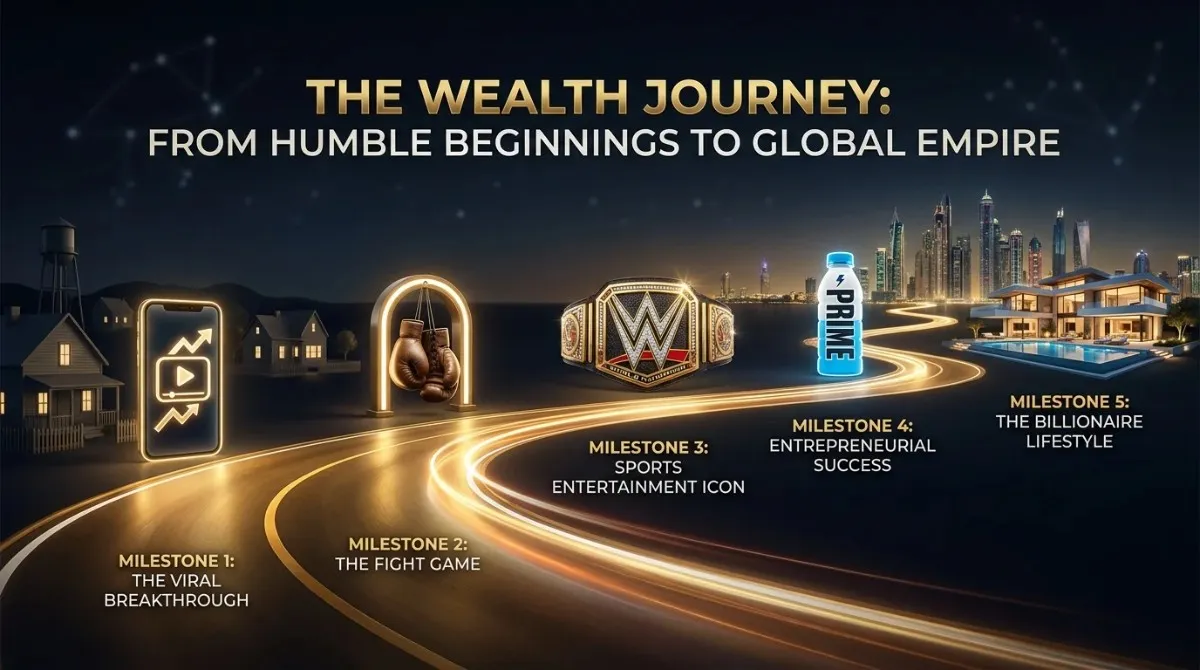 A cinematic gold road infographic titled "The Wealth Journey: From Humble Beginnings to Global Empire" mapping out five key milestones in Logan Paul net worth growth — from viral breakthrough and boxing to WWE stardom, Prime entrepreneurial success, and the billionaire lifestyle.