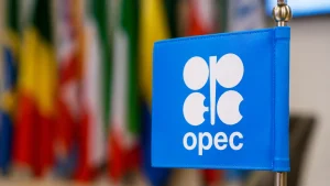 Blue OPEC flag with white emblem in front of blurred international flags representing global energy cooperation and oil market organization.