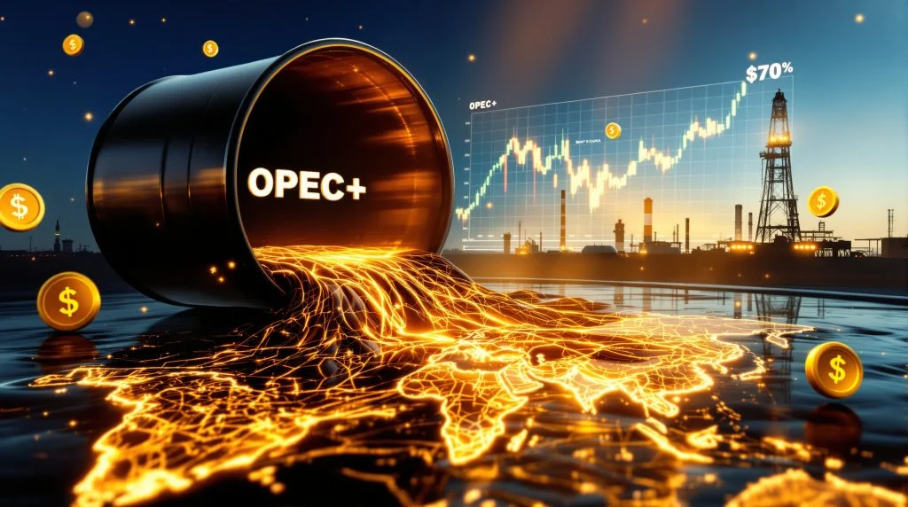 OPEC oil barrel pouring glowing energy across a world map with rising price chart and oil rigs showing global OPEC market impact.