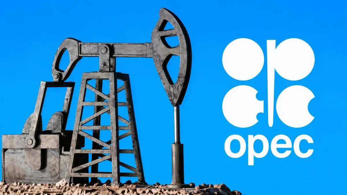 Oil pump jack in a field next to the OPEC logo on a blue background representing global oil production and energy market influence.