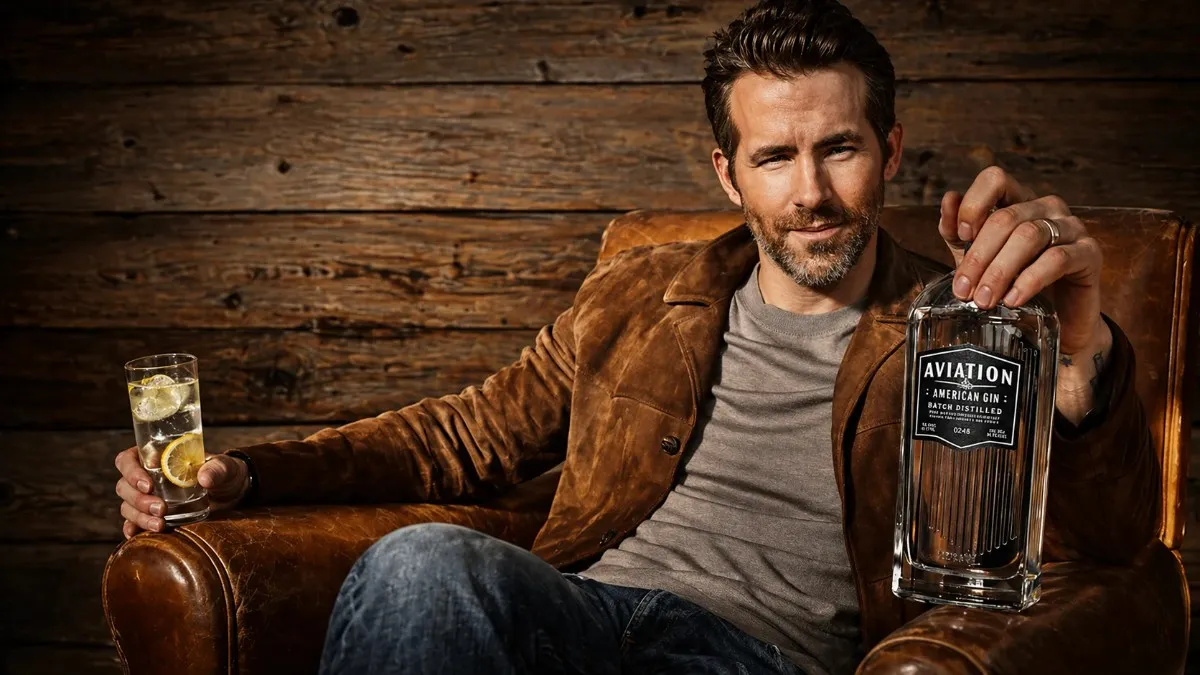 Ryan Reynolds sitting casually in a leather armchair holding a gin cocktail with lemon and displaying a bottle of Aviation American Gin — one of the key business ventures that skyrocketed Ryan Reynolds net worth to over $350 million.