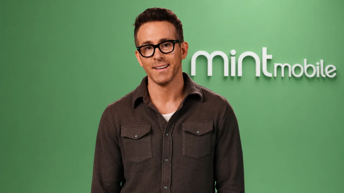 Ryan Reynolds wearing black glasses and a dark grey shirt posing in front of the Mint Mobile green branded backdrop, representing one of the smartest business deals that boosted Ryan Reynolds net worth through the T-Mobile acquisition.