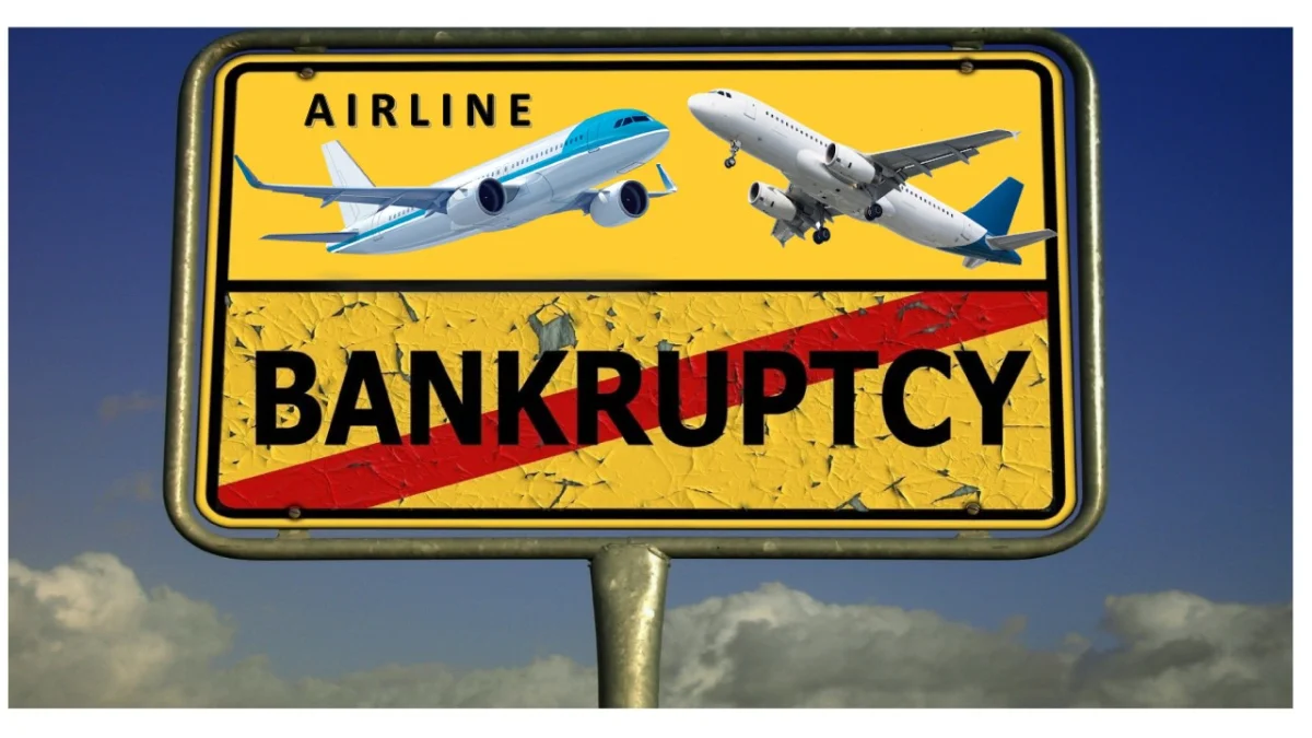 Airline bankruptcies concept image showing a yellow road sign with the word Bankruptcy crossed out in red and two commercial aircraft above it against a cloudy sky