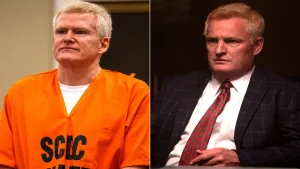 Side-by-side comparison of Alex Murdaugh in an orange SCDC inmate jumpsuit after conviction versus wearing a navy suit and red tie as a prominent South Carolina attorney before his arrest