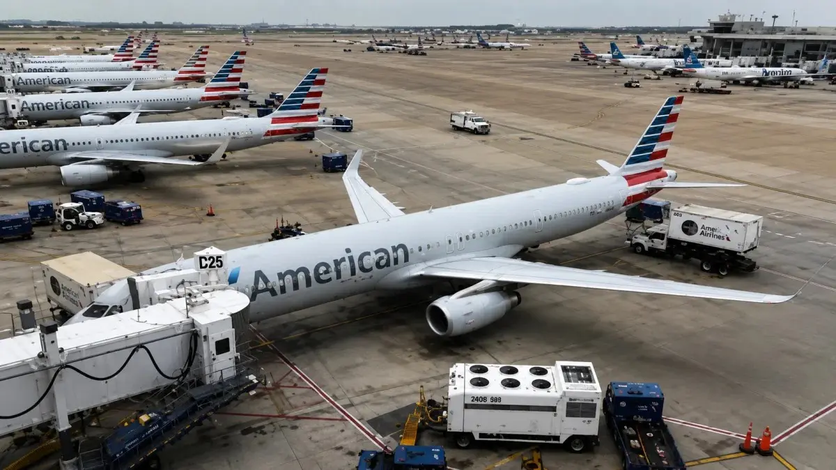 American Airlines planes at DFW Airport during the DFW ground stop caused by severe storms and massive flight disruptions in North Texas.