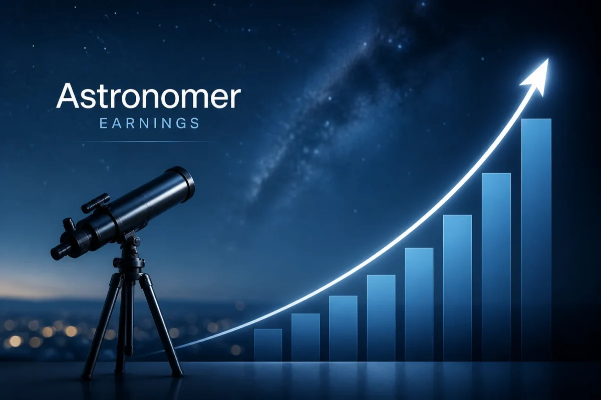 A dramatic cinematic infographic showing a telescope beside a steeply rising blue bar chart with a glowing upward arrow against a starry night sky, titled "Astronomer Earnings" — visually representing the impressive financial growth trajectory behind Andy Byron net worth as CEO of Astronomer.