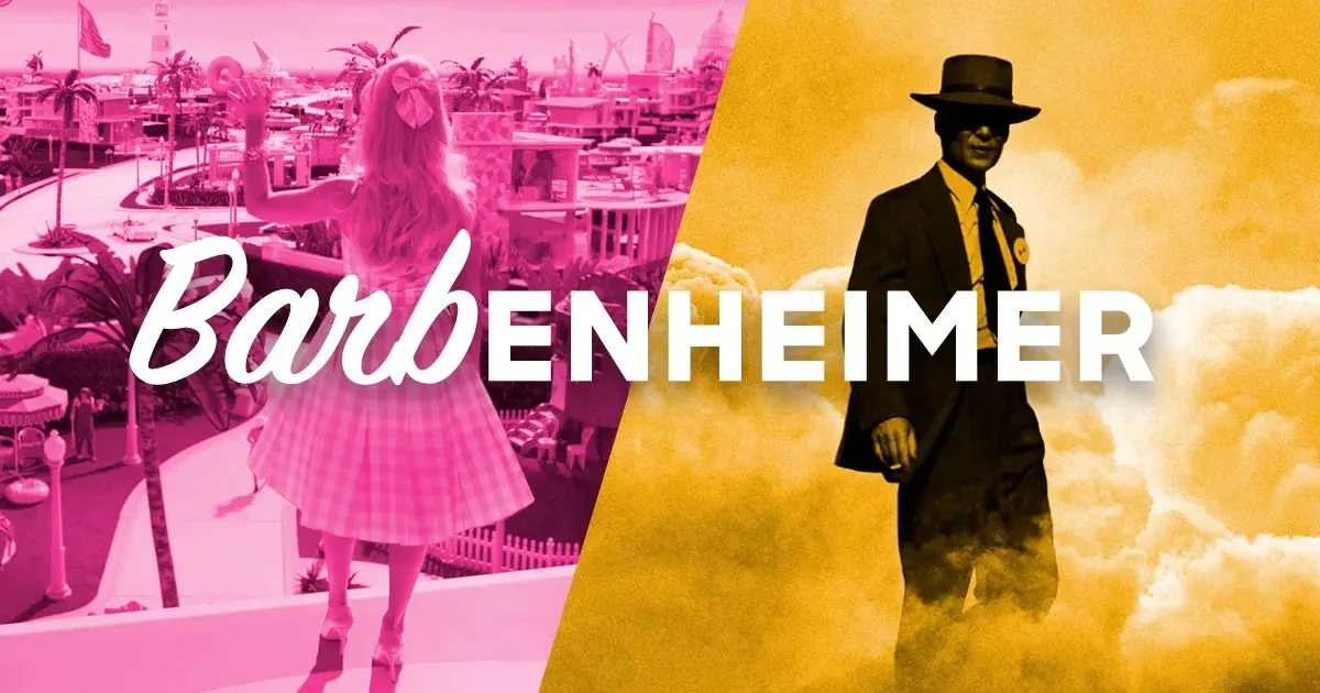 A split-screen graphic for the "Barbenheimer" trend, featuring a pink-toned Barbie and a fiery yellow-toned Oppenheimer, illustrating the massive commercial success that boosted the Christopher Nolan net worth.