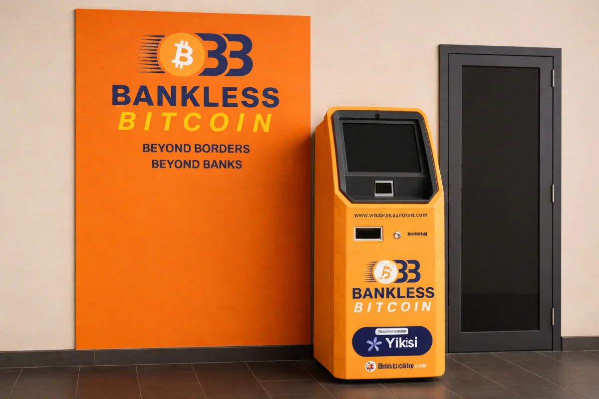 A Bankless Bitcoin ATM kiosk in orange and navy branding displayed next to a matching wall sign reading Beyond Borders Beyond Banks