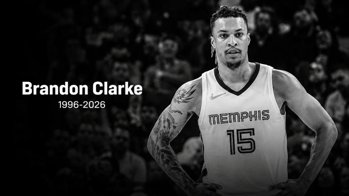 Black and white tribute graphic of Brandon Clarke wearing his Memphis Grizzlies number 15 jersey with the years 1996–2026 displayed in memoriam