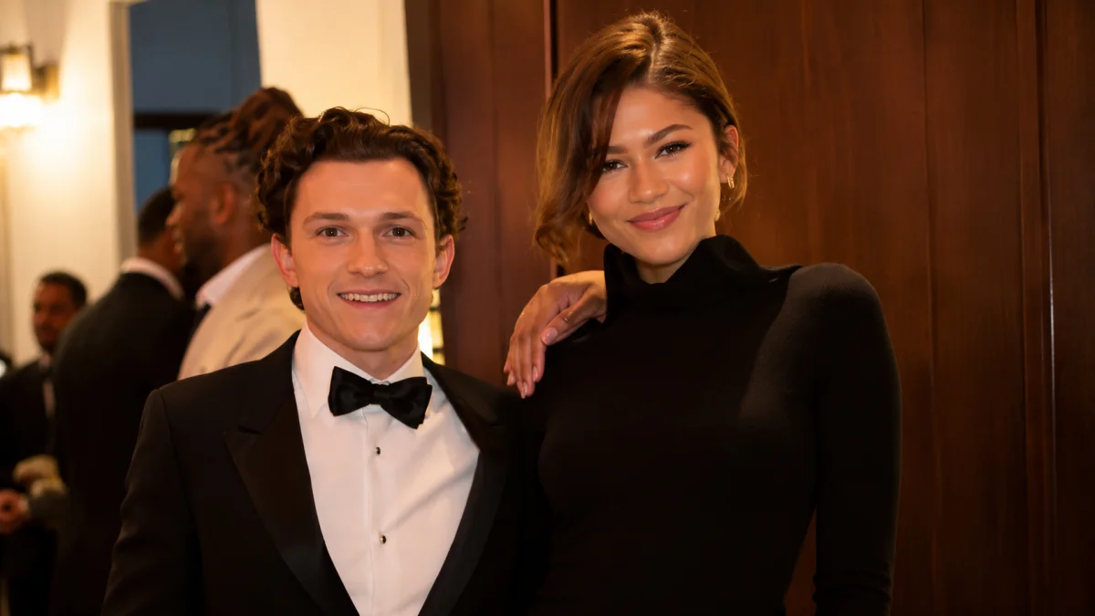 Celebrity-inspired couple posing together in formal attire at an event for Zendaya Net Worth and entertainment-related content.