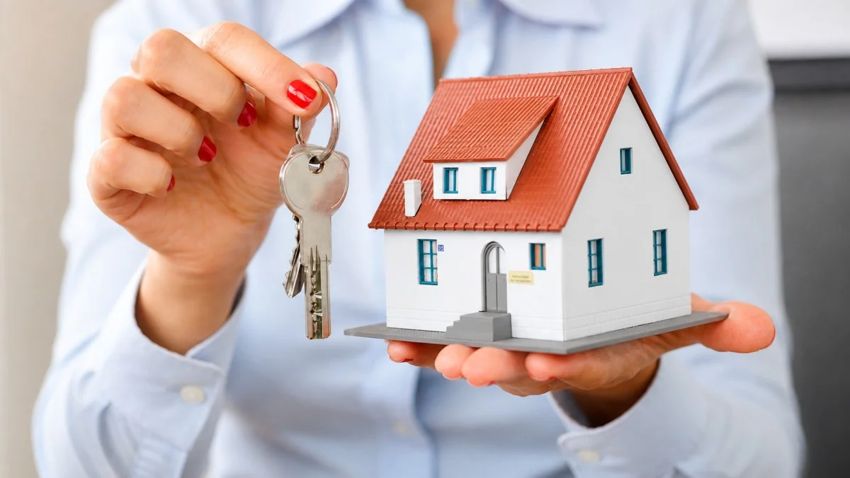 A woman in a light blue shirt holding a set of house keys in one hand and a miniature model home with a red roof in the other — symbolizing the luxury real estate investments and property holdings that form a significant part of Chris Brown net worth and long-term wealth portfolio.