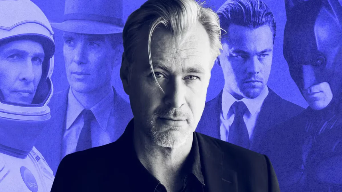 A stylized blue-tinted collage featuring director Christopher Nolan in the center, surrounded by iconic characters from his films Interstellar, Oppenheimer, Inception, and The Dark Knight, providing visual context for the Christopher Nolan net worth.