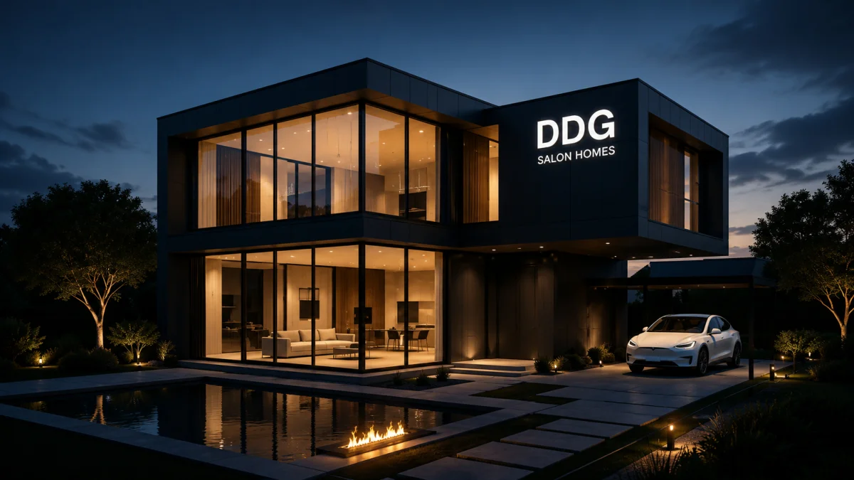 Modern luxury mansion exterior with premium glass architecture and elegant night lighting inspired by DDG Net Worth lifestyle