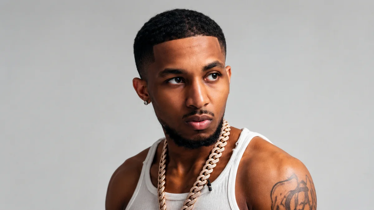 Close-up portrait of a stylish rapper wearing luxury chains and street fashion inspired by DDG Net Worth lifestyle and celebrity success