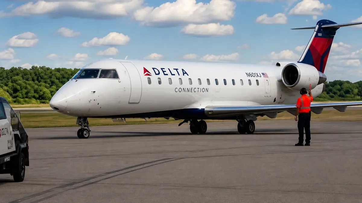 Delta flight airplane on airport runway in HD 16:9 resolution under blue sky