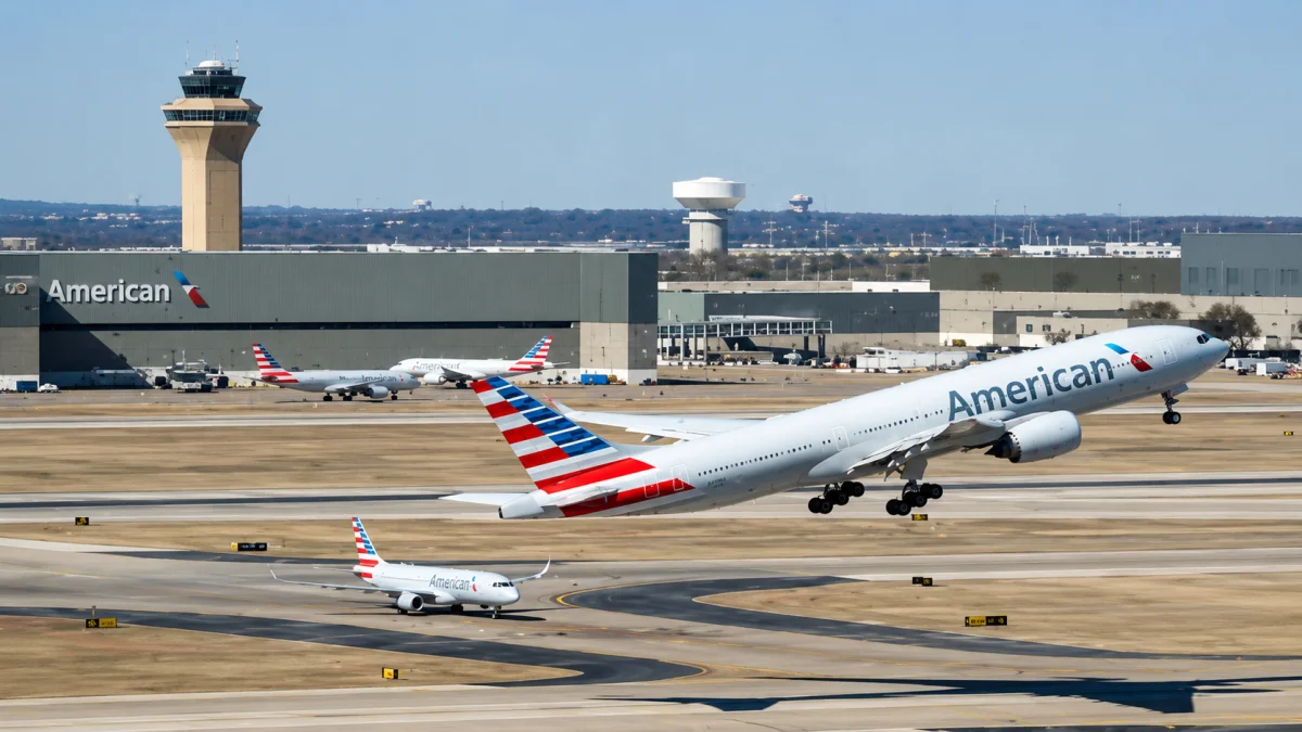 American Airlines airplane departing from Dallas Fort Worth International Airport during DFW ground stop conditions**