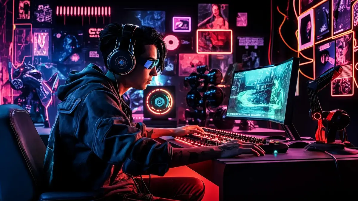 Gabe Newell working at a futuristic cyberpunk gaming setup with neon lights, dual monitors, and advanced digital tech in a high-tech studio environment.