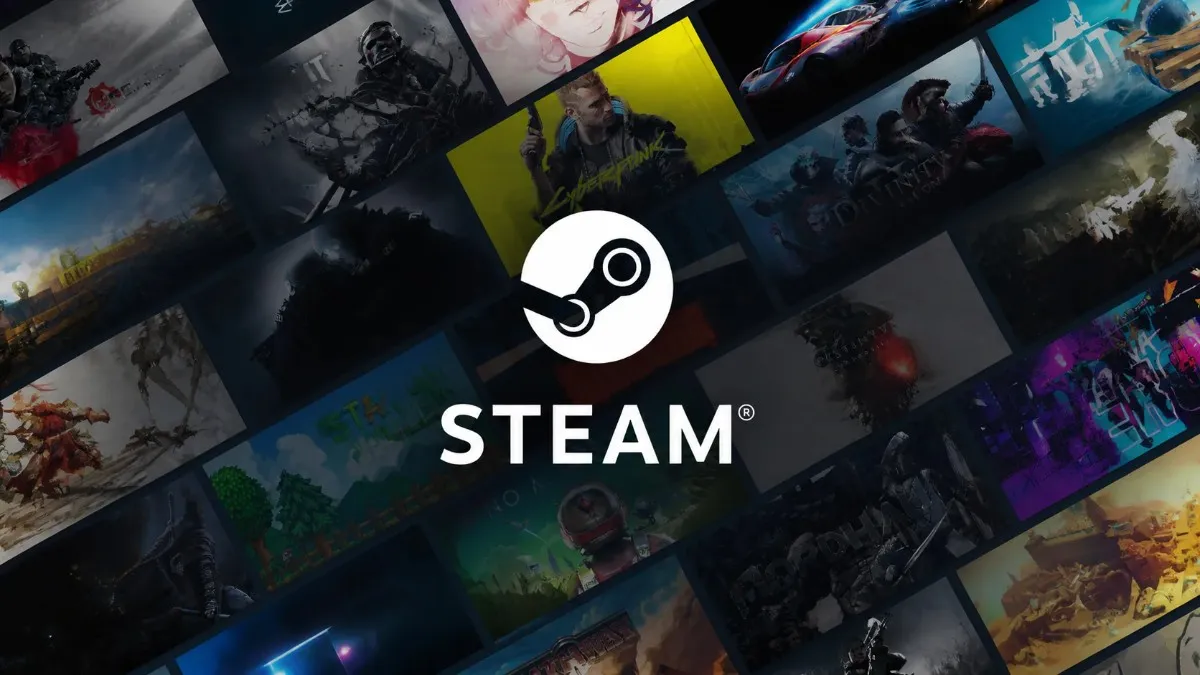 Steam logo centered over a collage of video game artwork thumbnails representing the Steam library, a digital distribution platform created by Gabe Newell and Valve.