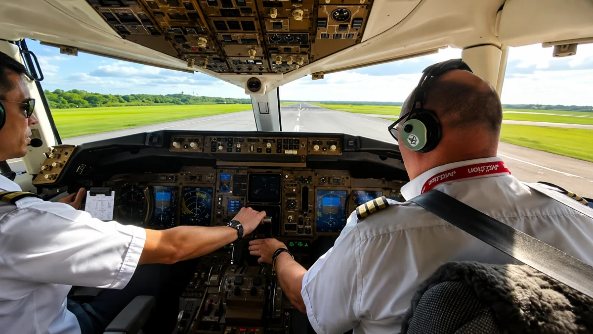 Two Jet2 pilots sitting in a commercial aircraft cockpit on the runway, operating flight controls and instrument panels during takeoff
