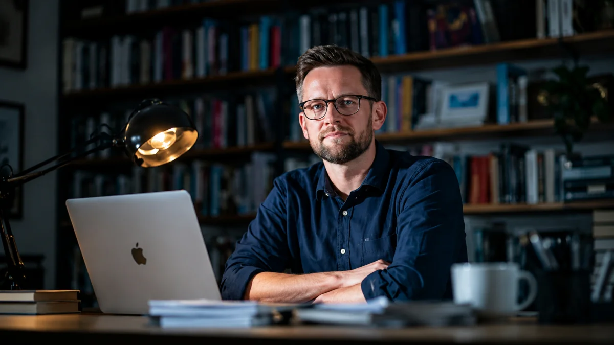 Kevin Knasel sitting at a desk with a laptop in a professional workspace for Kevin Knasel Net Worth related content.