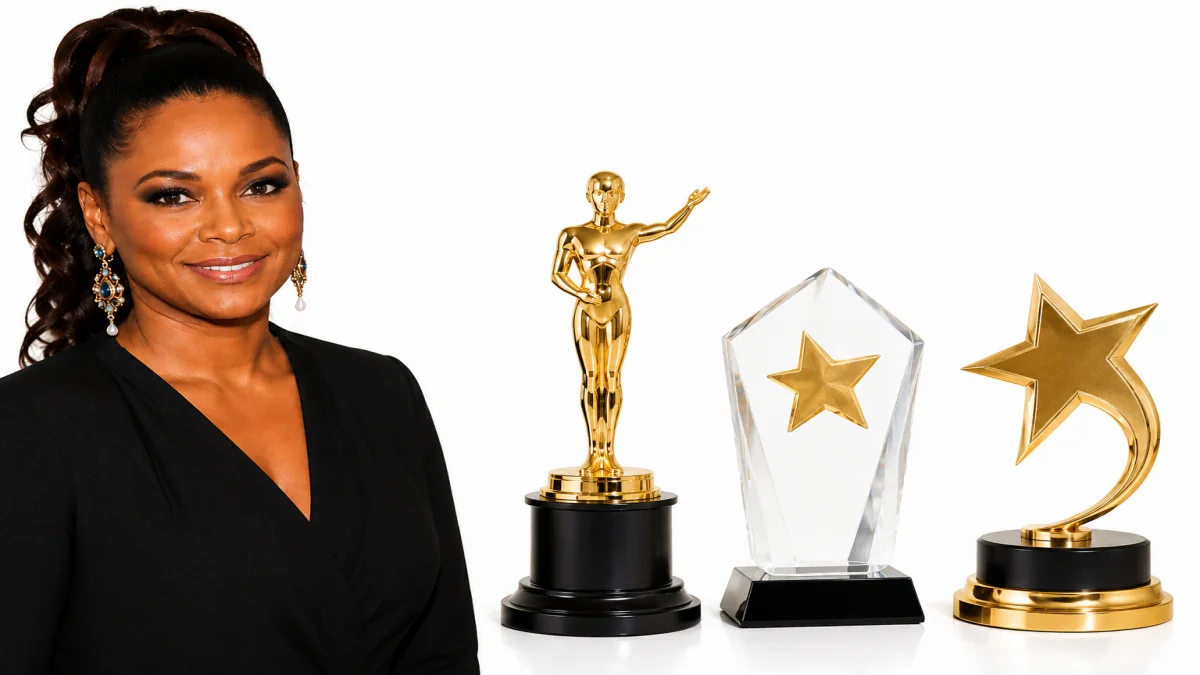 Lark Voorhies posing with award trophies and nomination achievements in a professional celebrity portrait image