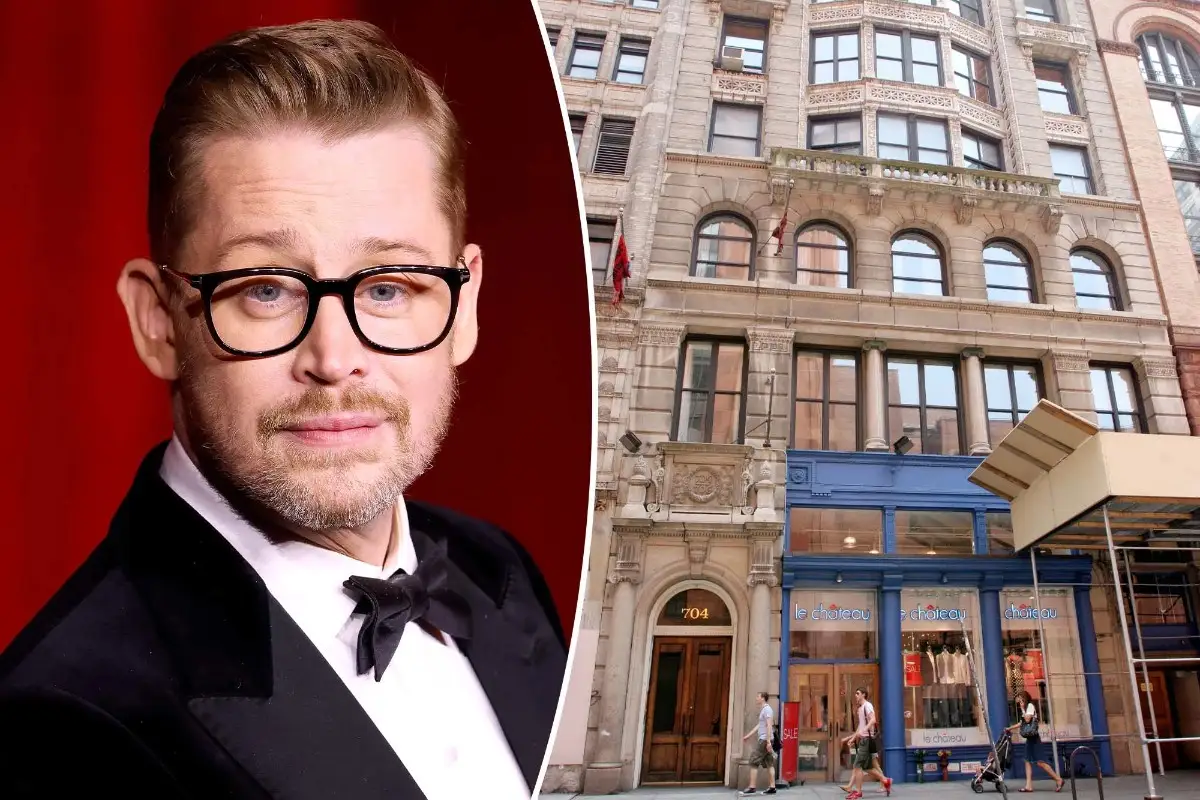 A composite image of Macaulay Culkin in a black tuxedo and thick-framed glasses alongside a photo of his New York City apartment building at 704 Broadway — a prime Manhattan real estate asset that reflects the property investment dimension of Macaulay Culkin net worth and long-term wealth strategy.