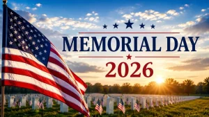 American flag waving over a military cemetery with tribute text during Memorial Day 2026, honoring fallen soldiers and remembrance in the USA.