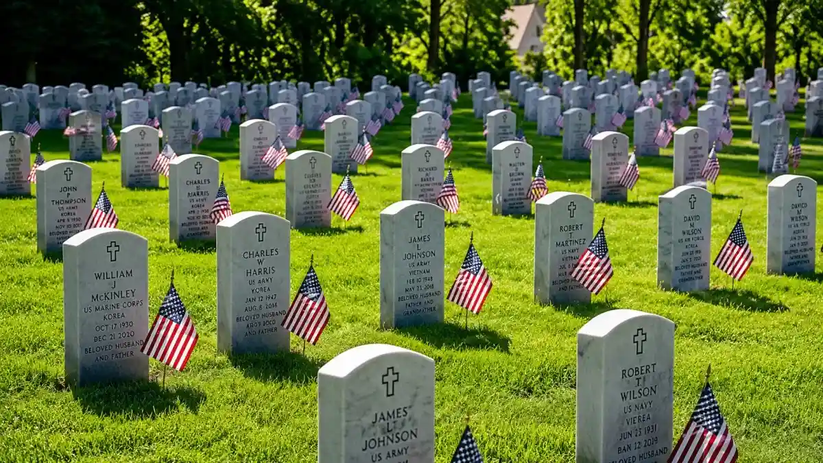 Military cemetery with rows of gravestones and American flags during Memorial Day 2026, honoring fallen soldiers and national remembrance.