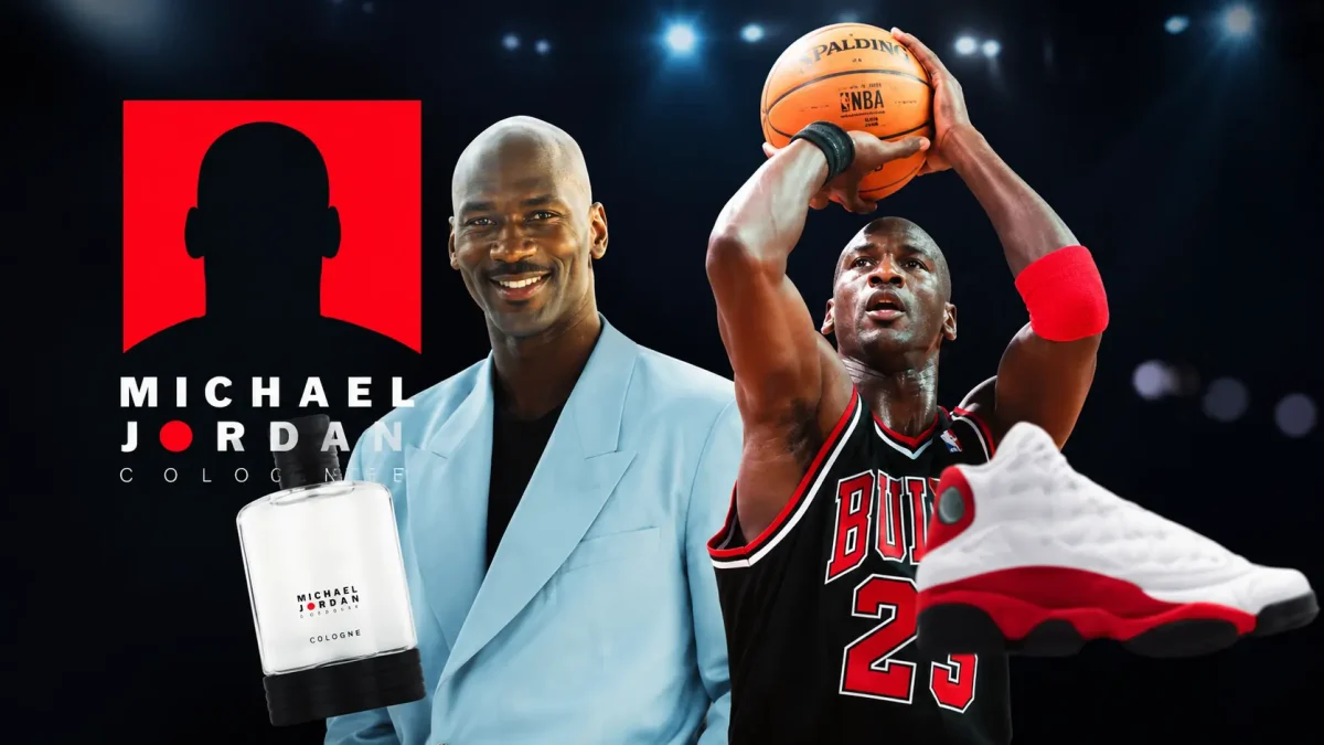 Michael Jordan posing with basketball, sneakers, and cologne advertisement – Michael Jordan Net Worth and NBA legend branding image