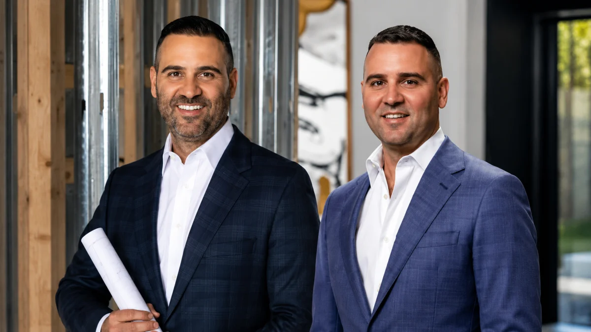 Misha Ezratti Net Worth business leaders posing in professional suits during a luxury real estate and homebuilding project discussion