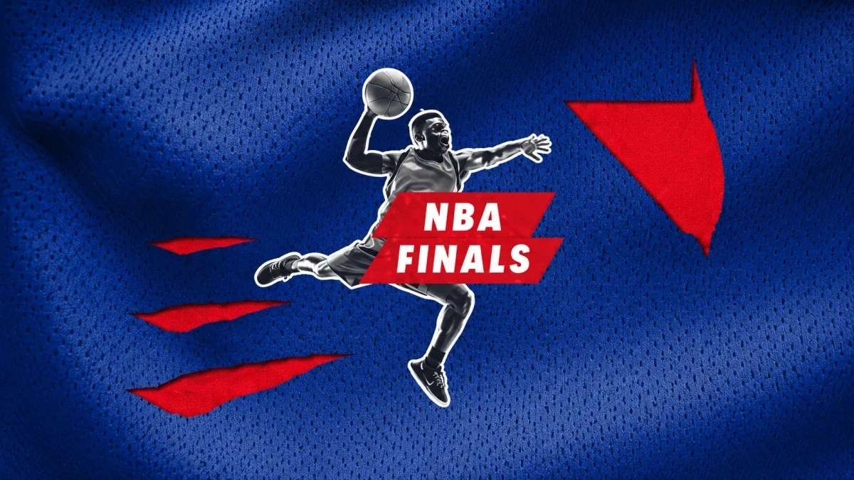 Dynamic basketball championship graphic featuring a player in action during the nba finals with bold sports design and event branding.