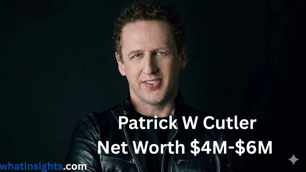 A portrait of a man in a black leather jacket against a dark background, overlayed with text evaluating the Patrick W Cutler Net Worth as four million to six million dollars.