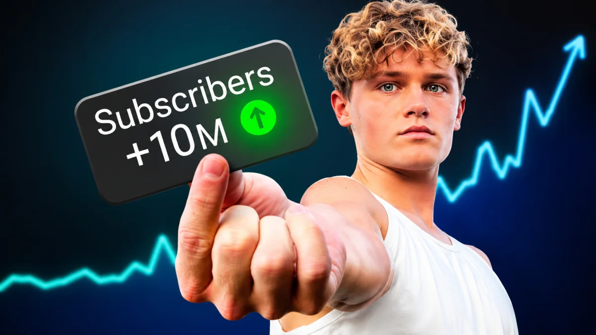 Ryan Trahan pointing toward a 10 million subscribers sign representing Ryan Trahan Net Worth and YouTube success journey