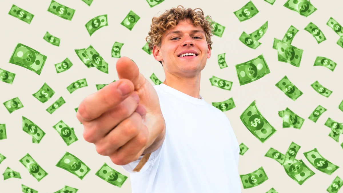 Ryan Trahan smiling with floating money graphics representing Ryan Trahan Net Worth and successful YouTube creator career