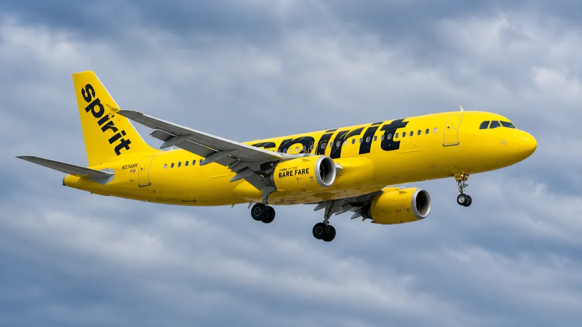 Spirit Airlines yellow Airbus airplane flying in cloudy sky with landing gear down