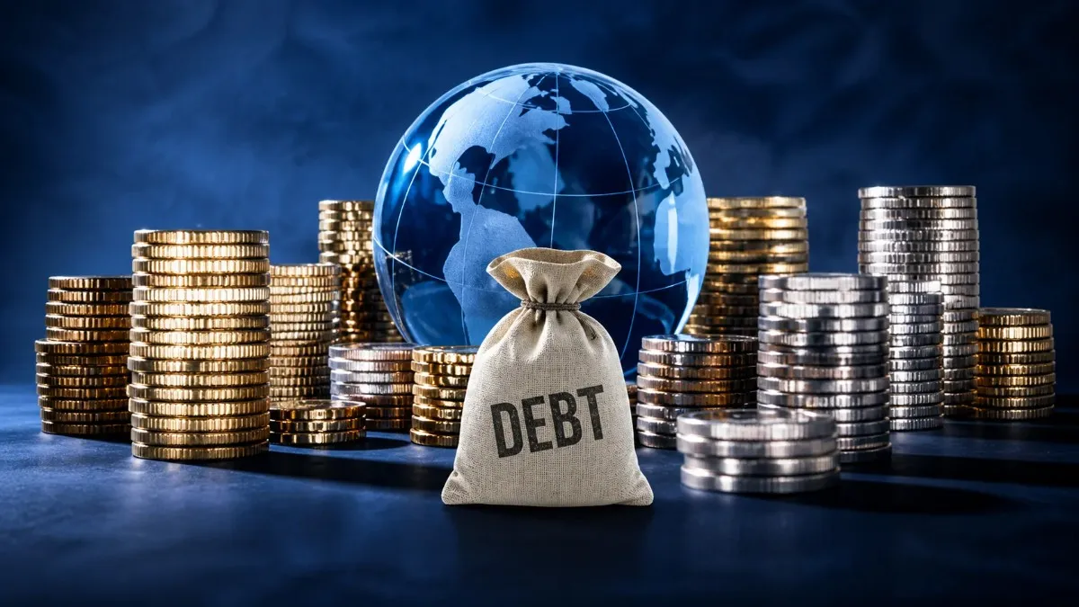 Spirit Airlines themed global debt concept showing debt bag, stacked coins, and world globe in high-definition