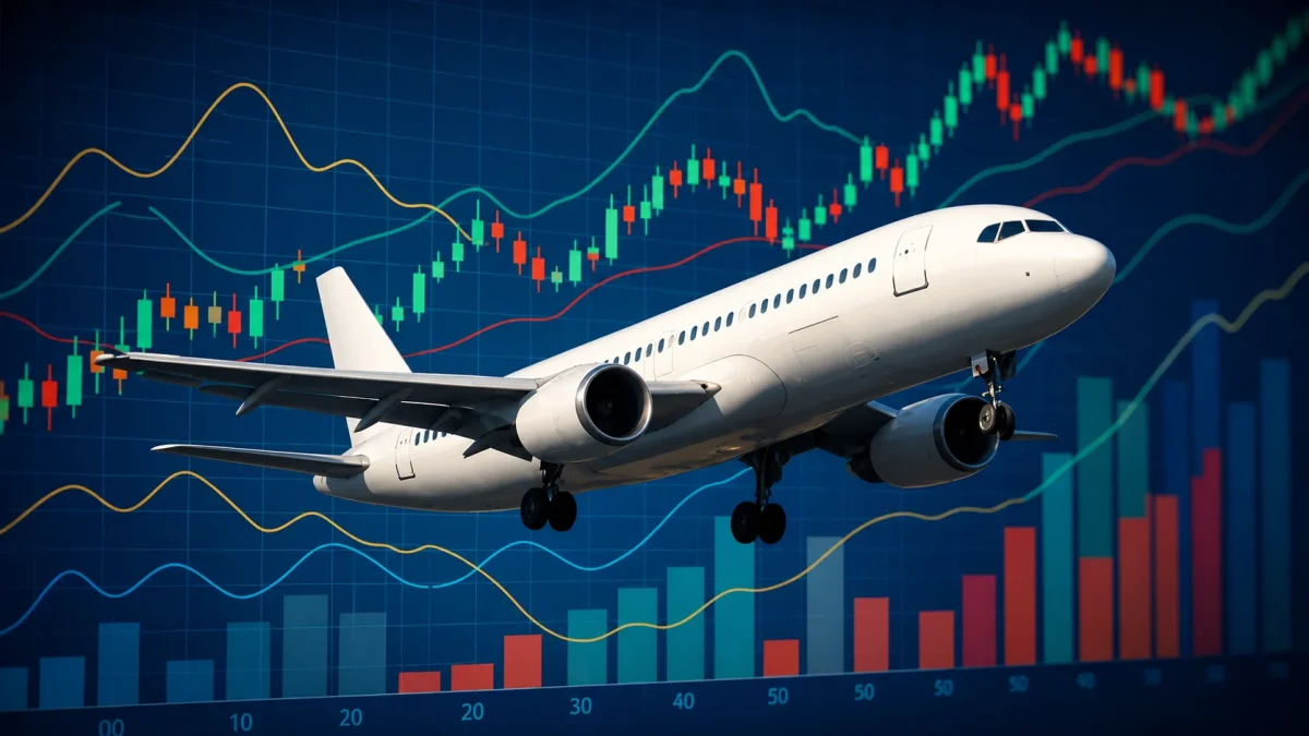 Spirit Airlines passenger airplane flying in front of a financial chart with rising stock market data and candlestick graph