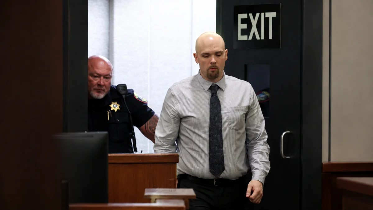 Convicted murderer Tanner Horner enters a Texas courtroom alongside a law enforcement officer for the final sentencing phase of his 2026 trial.