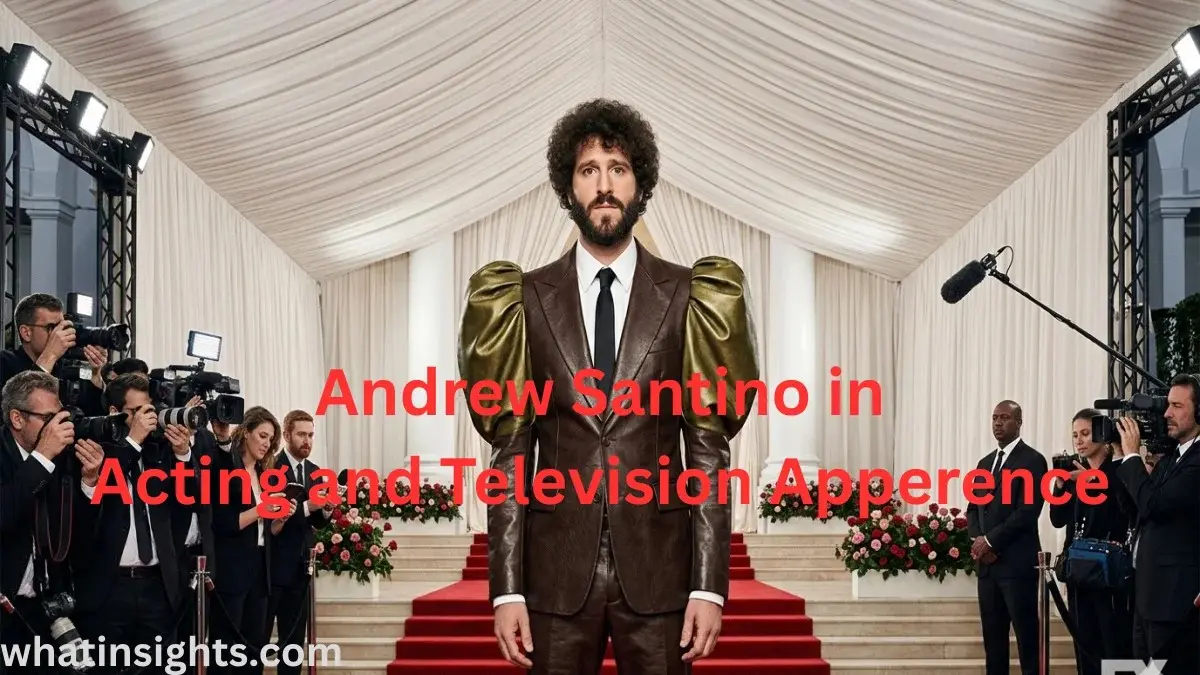 A red carpet scene featuring a man in an avant-garde brown suit with large puffed gold sleeves, surrounded by photographers and media, highlighting discussion on Andrew Santino Net Worth and television career.