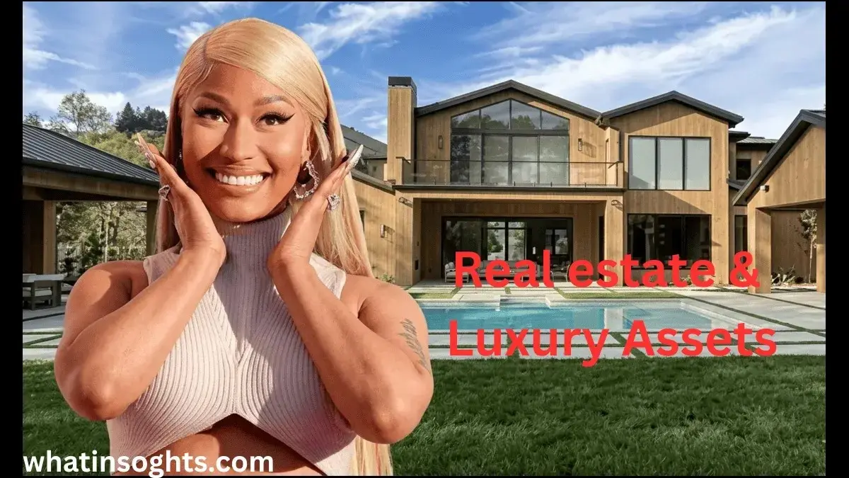 Nicki Minaj Net Worth highlighted with luxury real estate assets and an upscale modern mansion backdrop.