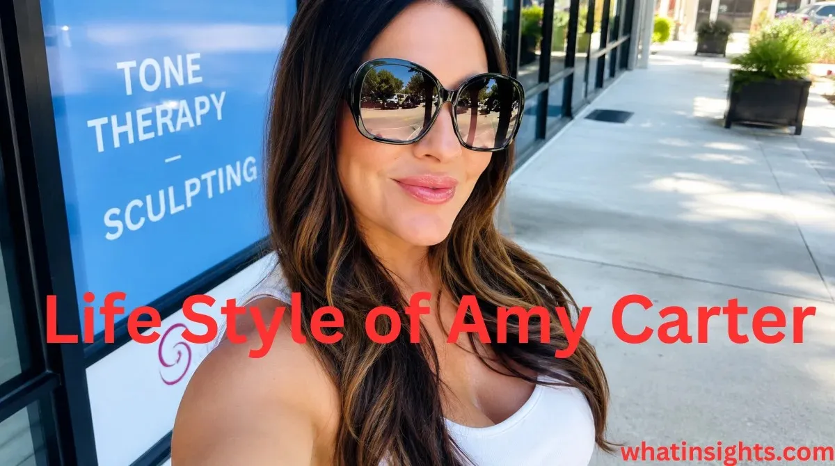 Woman taking a selfie outdoors near a wellness center, illustrating a lifestyle-focused image for articles discussing Amy Carter Net Worth and her personal life.