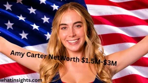 Amy Carter smiling in front of an American flag background with text showing Amy Carter Net Worth estimated at $1.5M–$3M.