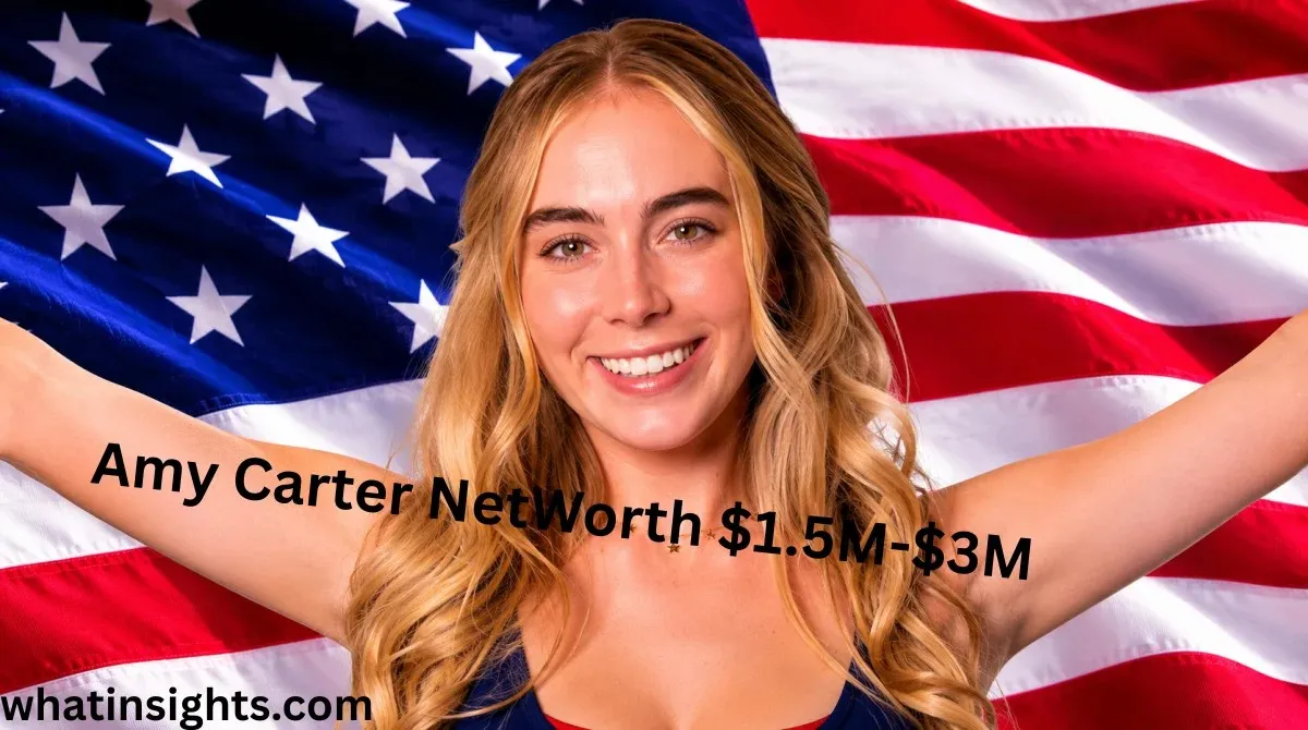 Amy Carter smiling in front of an American flag background with text showing Amy Carter Net Worth estimated at $1.5M–$3M.