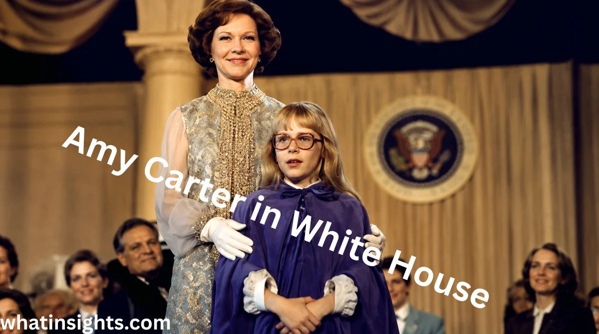 Young Amy Carter standing in a formal White House setting with a family member, illustrating her childhood years and providing context for articles about Amy Carter Net Worth and her presidential family background.