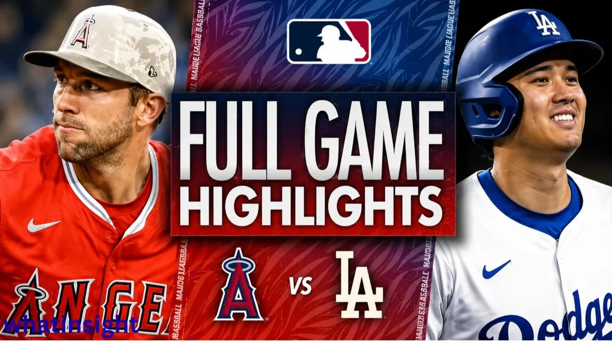 Angels vs Dodgers full game highlights graphic featuring Los Angeles Angels and Los Angeles Dodgers players with team logos and MLB branding during a rivalry matchup.