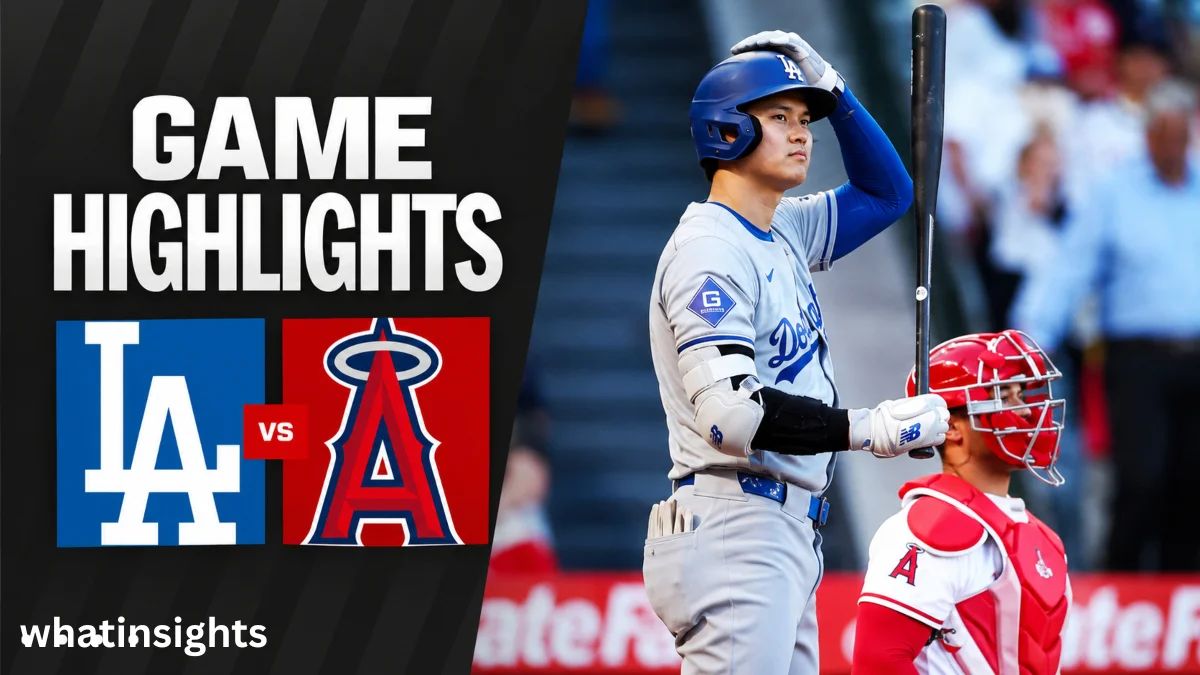 Angels vs Dodgers game highlights graphic featuring a Dodgers batter at the plate and an Angels catcher during an MLB rivalry matchup.