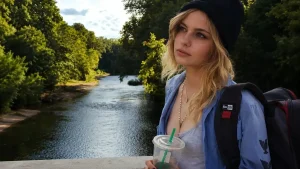 Daveigh Chase standing near a river outdoors with a scenic green forest background and casual travel style look.