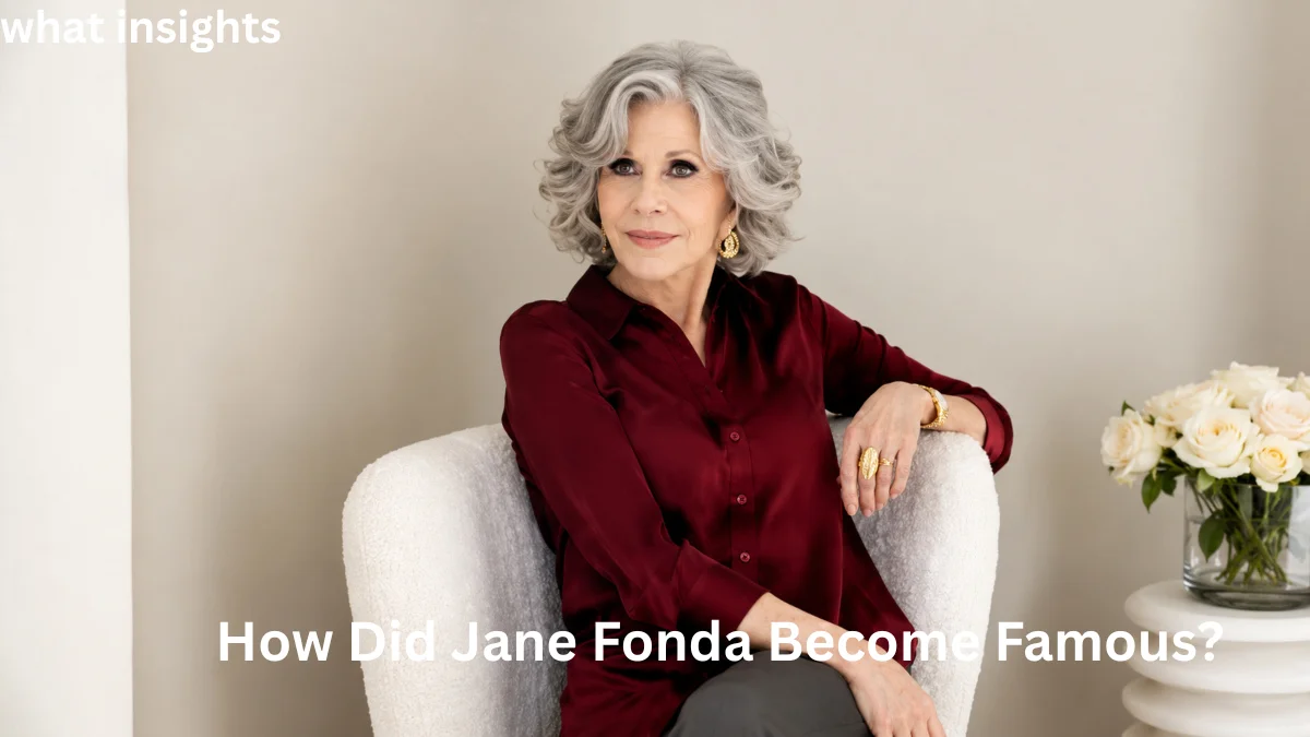 Jane Fonda seated in an elegant setting, highlighting her journey to fame and the success behind Jane Fonda Net Worth.