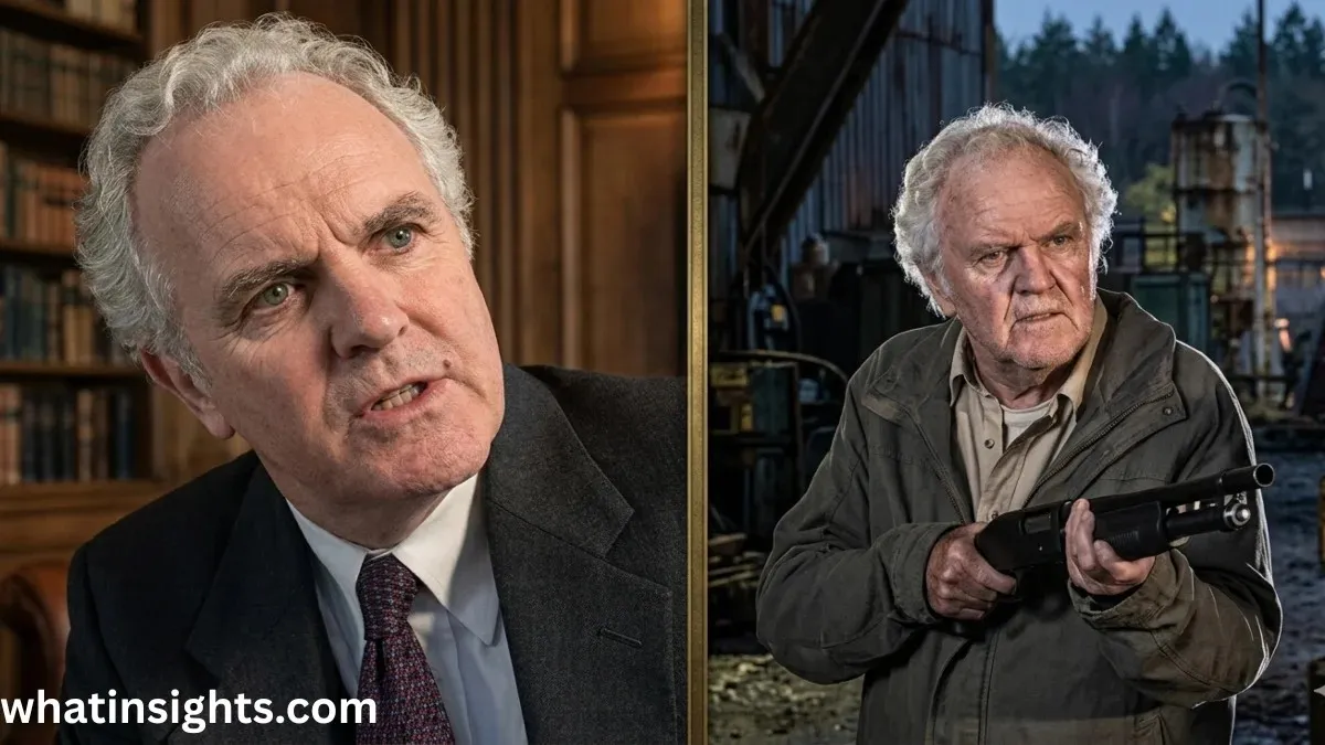 James Handy in a sharp suit on the left and holding a shotgun in an action scene on the right, capturing the dynamic acting career of James Handy.