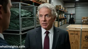 Actor James Handy in a dark grey suit and maroon tie speaking intensely with another man inside a storage warehouse, highlighting a dramatic performance by James Handy.